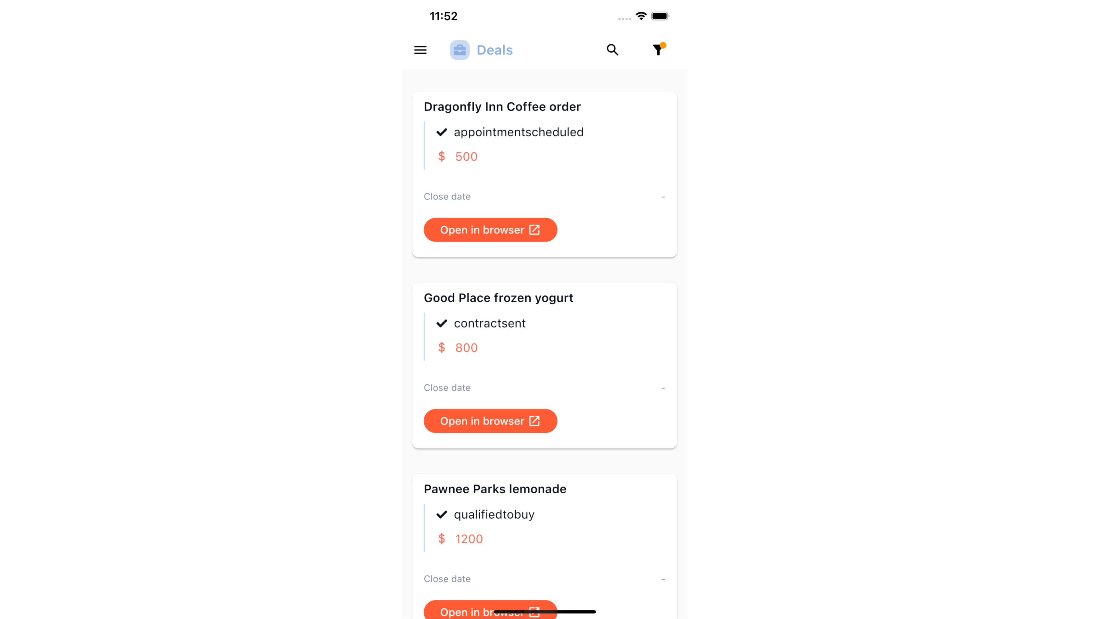 Deals overview containing data from all accounts.